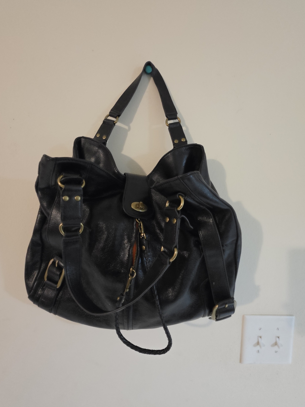Black Leather Shoulder Bag with Gold Hardware